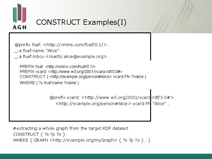 CONSTRUCT Examples(I) @prefix foaf: <http: //xmlns. com/foaf/0. 1/>. _: a foaf: name "Alice". _:
