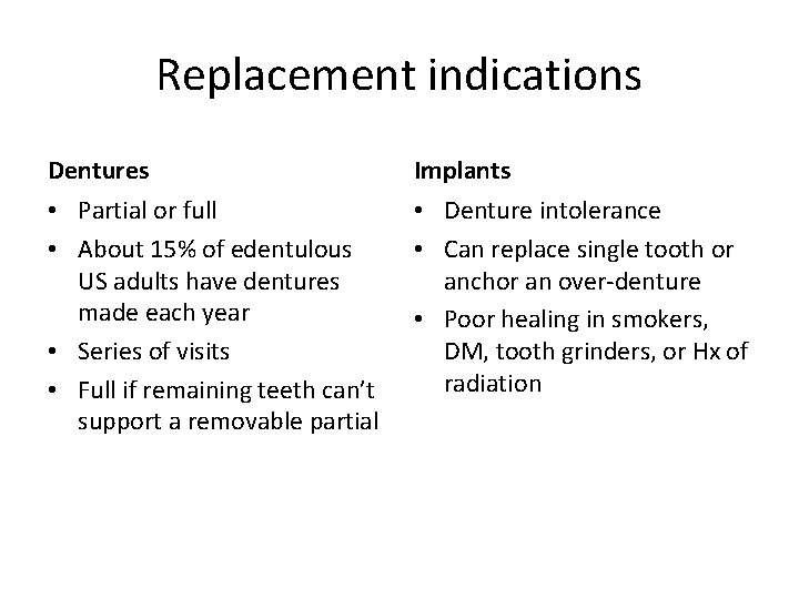 Replacement indications Dentures Implants • Partial or full • About 15% of edentulous US