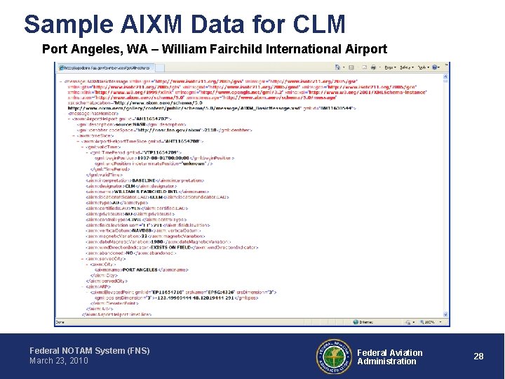 Sample AIXM Data for CLM Port Angeles, WA – William Fairchild International Airport Federal