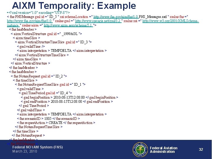 AIXM Temporality: Example • <? xml version="1. 0" encoding="UTF-8"? > < fns: FNSMessage gml: