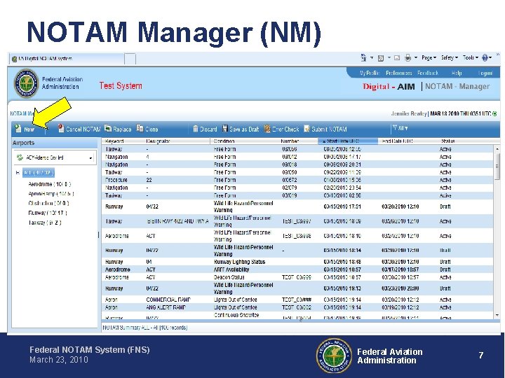 NOTAM Manager (NM) Federal NOTAM System (FNS) March 23, 2010 Federal Aviation Administration 7