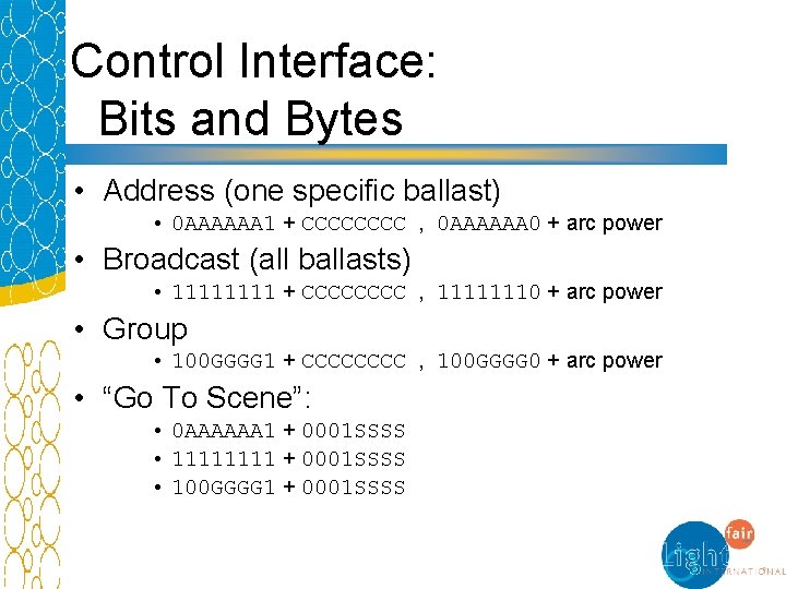 Control Interface: Bits and Bytes • Address (one specific ballast) • 0 AAAAAA 1