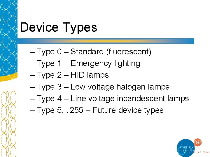 Device Types – Type 0 – Standard (fluorescent) – Type 1 – Emergency lighting
