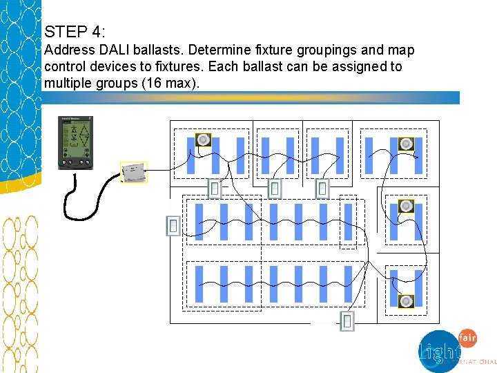 STEP 4: Address DALI ballasts. Determine fixture groupings and map control devices to fixtures.