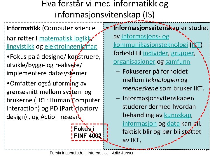 Hva forstår vi med informatikk og informasjonsvitenskap (IS) Informatikk (Computer science • Informasjonsvitenskap er