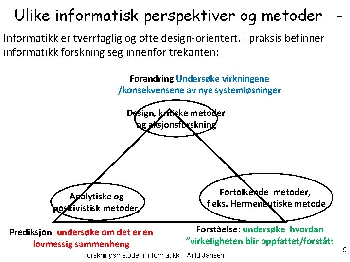 Ulike informatisk perspektiver og metoder Informatikk er tverrfaglig og ofte design-orientert. I praksis befinner