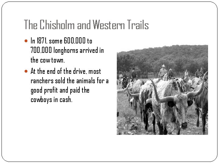 The Chisholm and Western Trails In 1871, some 600, 000 to 700, 000 longhorns