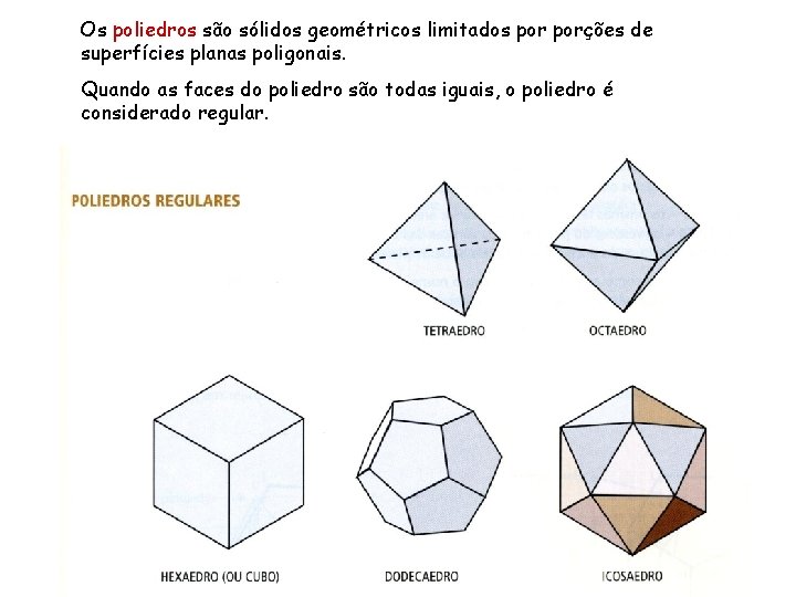 Os poliedros são sólidos geométricos limitados porções de superfícies planas poligonais. Quando as faces