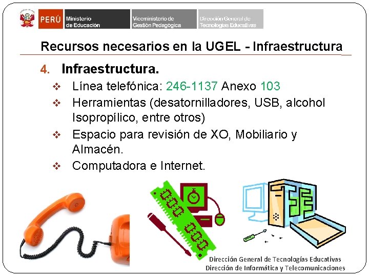 Recursos necesarios en la UGEL - Infraestructura 4. Infraestructura. Línea telefónica: 246 -1137 Anexo
