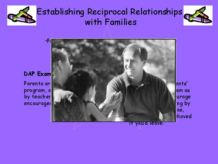 Establishing Reciprocal Relationships with Families • Parents are welcome to come and participate in