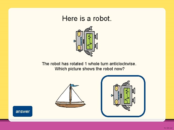 Here is a robot. The robot has rotated 1 whole turn anticlockwise. Which picture