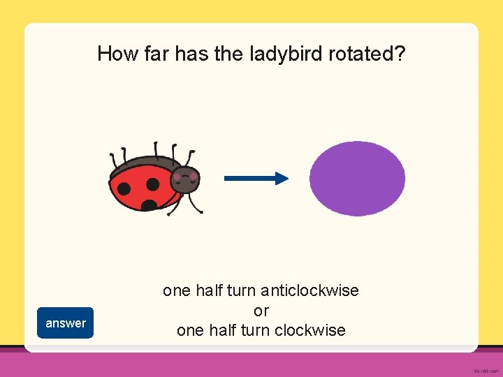 How far has the ladybird rotated? answer one half turn anticlockwise or one half