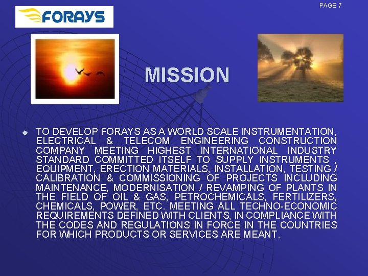 PAGE 7 MISSION u TO DEVELOP FORAYS AS A WORLD SCALE INSTRUMENTATION, ELECTRICAL &