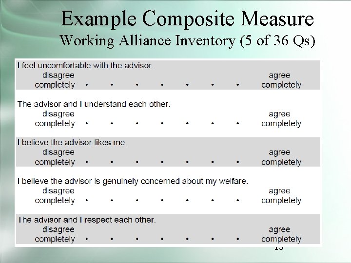 Example Composite Measure Working Alliance Inventory (5 of 36 Qs) 13 