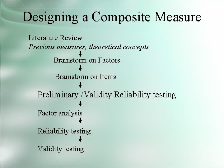 Designing a Composite Measure Literature Review Previous measures, theoretical concepts Brainstorm on Factors Brainstorm
