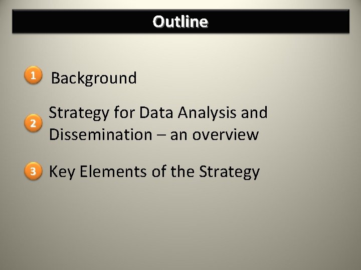 Outline 1 Background 2 Strategy for Data Analysis and Dissemination – an overview 3