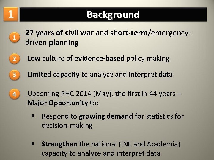 1 Background 1 27 years of civil war and short-term/emergencydriven planning 2 Low culture
