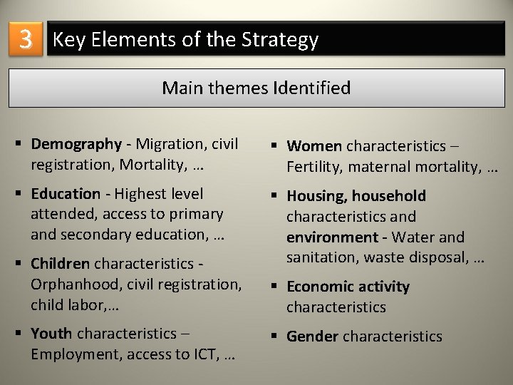 3 Key Elements of the Strategy Main themes Identified § Demography - Migration, civil