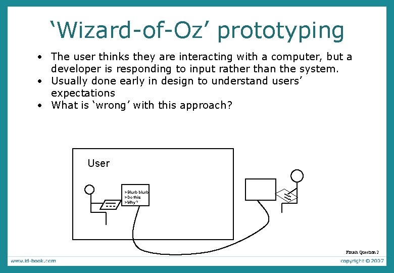 ‘Wizard-of-Oz’ prototyping • The user thinks they are interacting with a computer, but a