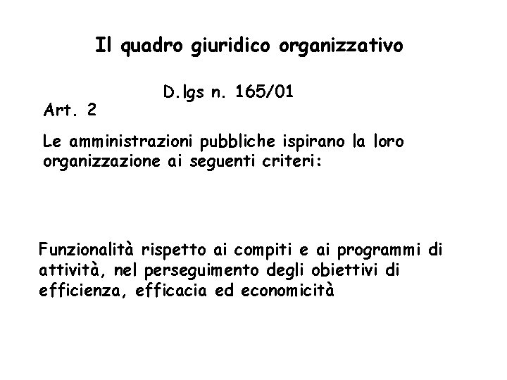 Il quadro giuridico organizzativo Art. 2 D. lgs n. 165/01 Le amministrazioni pubbliche ispirano