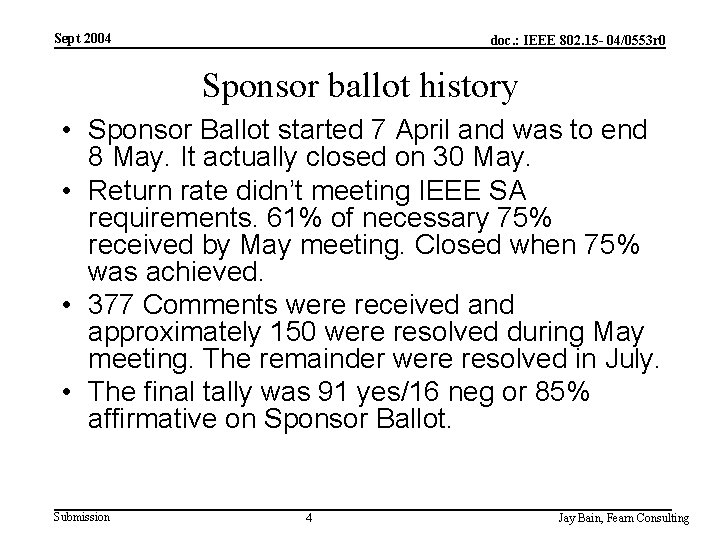 Sept 2004 doc. : IEEE 802. 15 - 04/0553 r 0 Sponsor ballot history