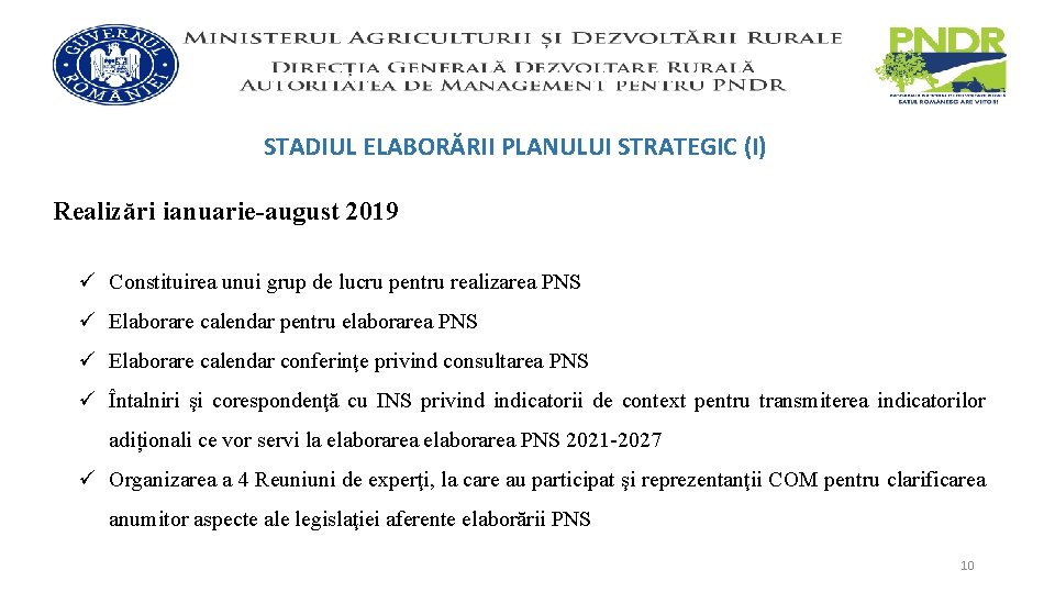 STADIUL ELABORĂRII PLANULUI STRATEGIC (I) Realizări ianuarie-august 2019 ü Constituirea unui grup de lucru