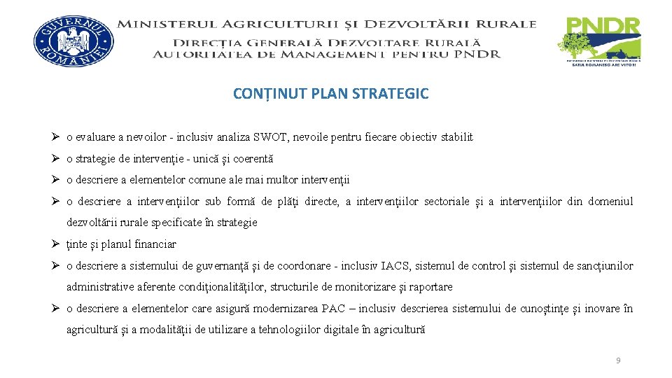 CONȚINUT PLAN STRATEGIC Ø o evaluare a nevoilor - inclusiv analiza SWOT, nevoile pentru