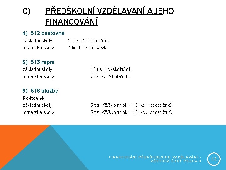 C) PŘEDŠKOLNÍ VZDĚLÁVÁNÍ A JEHO FINANCOVÁNÍ 4) 512 cestovné základní školy mateřské školy 10