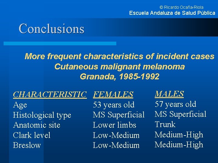 © Ricardo Ocaña-Riola Escuela Andaluza de Salud Pública Conclusions More frequent characteristics of incident