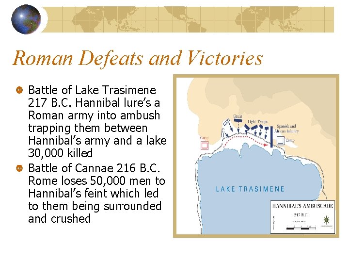 Roman Defeats and Victories Battle of Lake Trasimene 217 B. C. Hannibal lure’s a