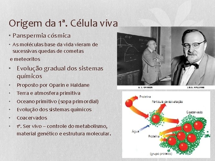 Origem da 1ª. Célula viva • Panspermia cósmica • As moléculas base da vieram