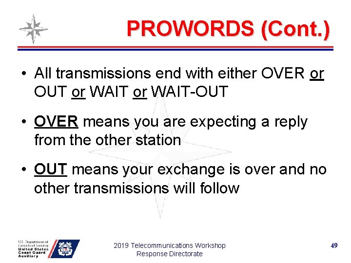PROWORDS (Cont. ) • All transmissions end with either OVER or OUT or WAIT-OUT