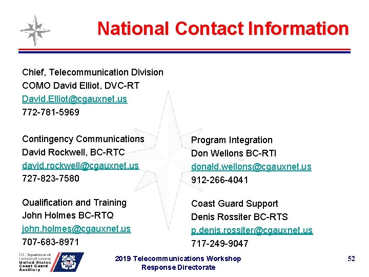 National Contact Information Chief, Telecommunication Division COMO David Elliot, DVC-RT David. Elliot@cgauxnet. us 772