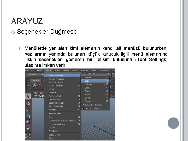 ARAYUZ Seçenekler Düğmesi: � Menülerde yer alan kimi elemanın kendi alt menüsü bulunurken, bazılarının