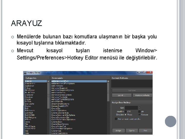 ARAYUZ Menülerde bulunan bazı komutlara ulaşmanın bir başka yolu kısayol tuşlarına tıklamaktadır. Mevcut kısayol