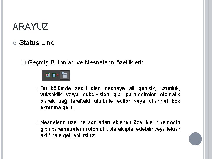 ARAYUZ Status Line � Geçmiş Ø Ø Butonları ve Nesnelerin özellikleri: Bu bölümde seçili