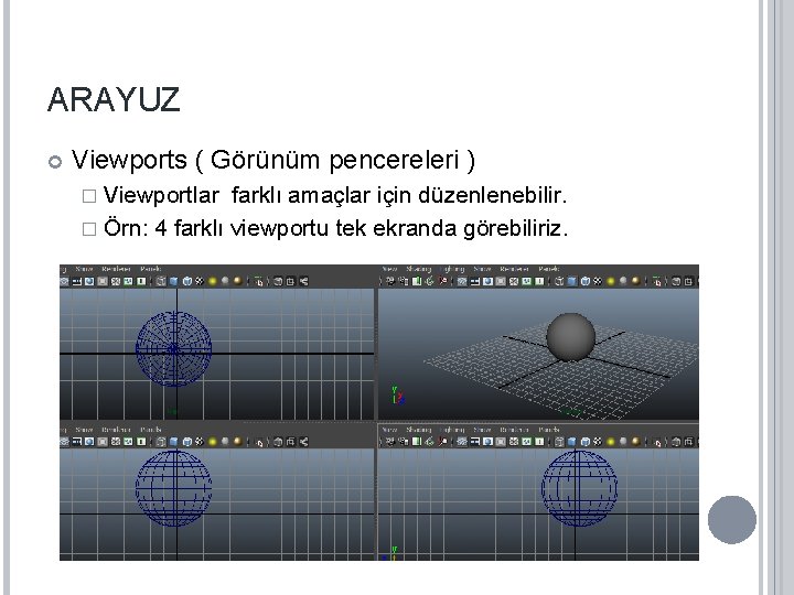 ARAYUZ Viewports ( Görünüm pencereleri ) � Viewportlar farklı amaçlar için düzenlenebilir. � Örn: