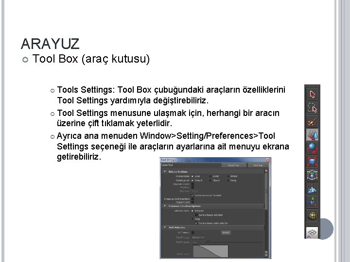 ARAYUZ Tool Box (araç kutusu) Tools Settings: Tool Box çubuğundaki araçların özelliklerini Tool Settings