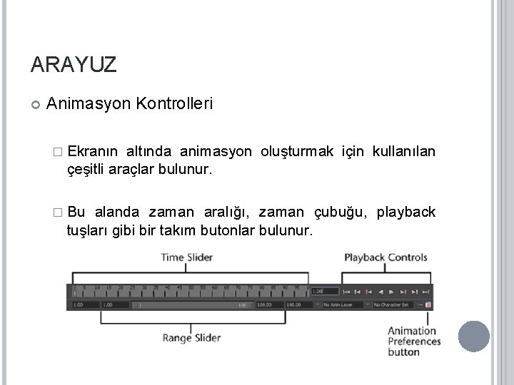 ARAYUZ Animasyon Kontrolleri � Ekranın altında animasyon oluşturmak için kullanılan çeşitli araçlar bulunur. �