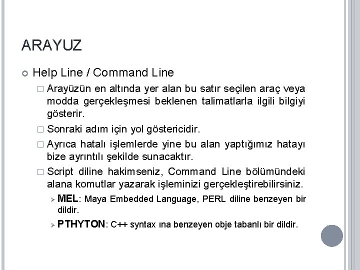 ARAYUZ Help Line / Command Line � Arayüzün en altında yer alan bu satır