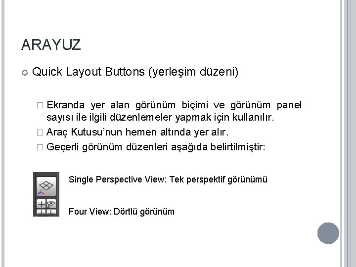 ARAYUZ Quick Layout Buttons (yerleşim düzeni) � Ekranda yer alan görünüm biçimi ve görünüm