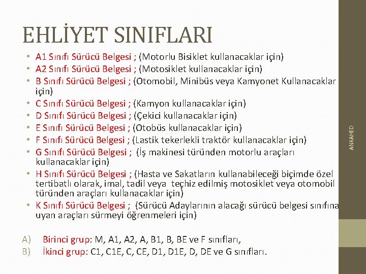  • A 1 Sınıfı Sürücü Belgesi ; (Motorlu Bisiklet kullanacaklar için) • A