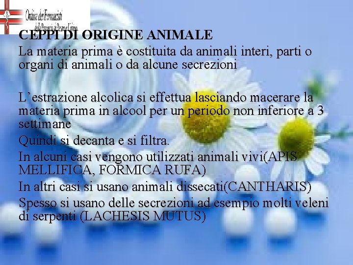 CEPPI DI ORIGINE ANIMALE La materia prima è costituita da animali interi, parti o