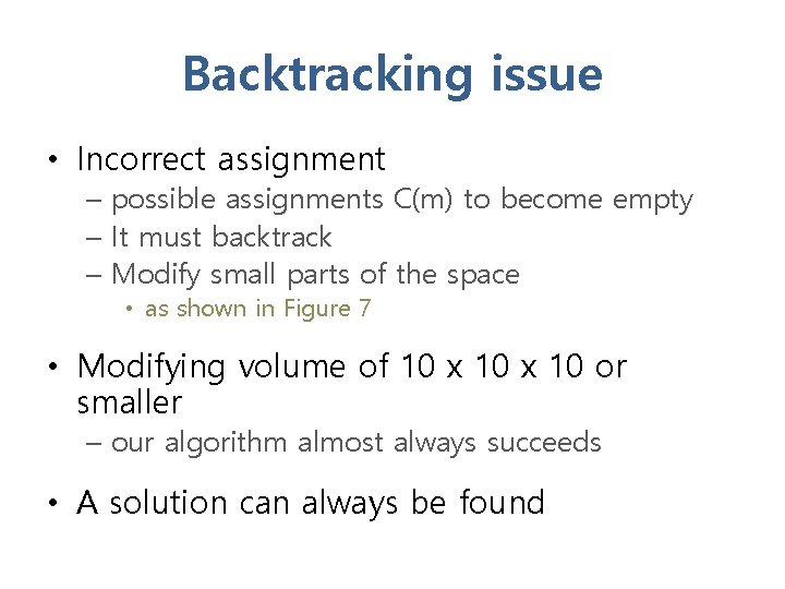 Backtracking issue • Incorrect assignment – possible assignments C(m) to become empty – It