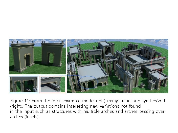 Figure 11: From the input example model (left) many arches are synthesized (right). The