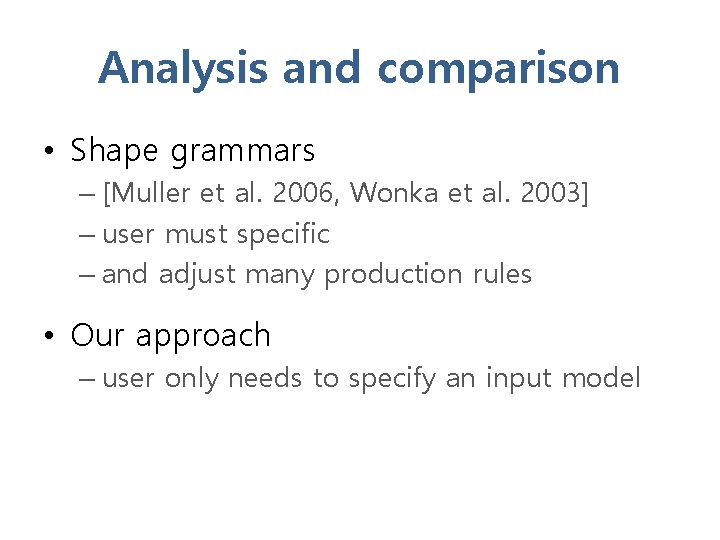 Analysis and comparison • Shape grammars – [Muller et al. 2006, Wonka et al.