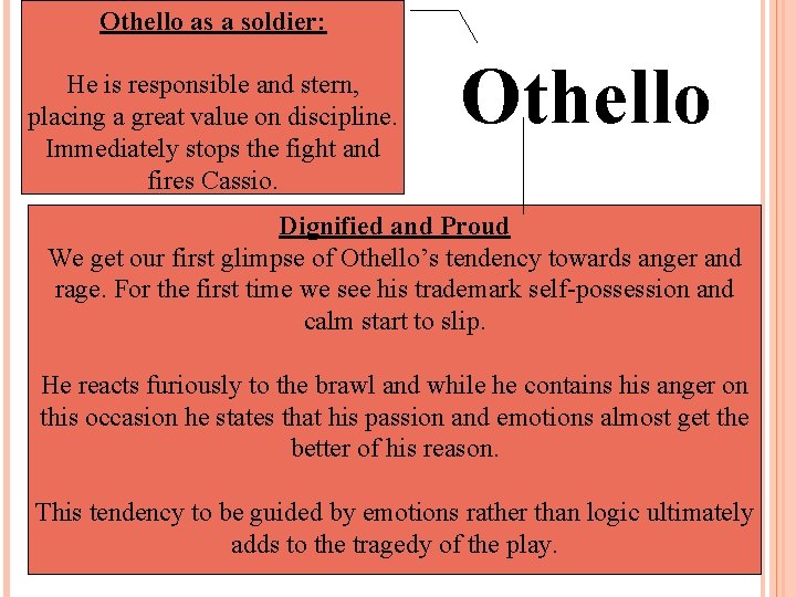 Othello as a soldier: He is responsible and stern, placing a great value on