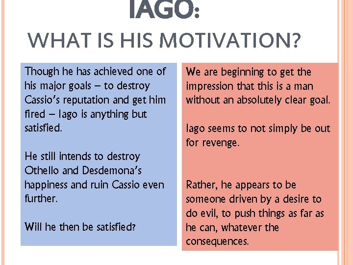 IAGO: WHAT IS HIS MOTIVATION? Though he has achieved one of his major goals