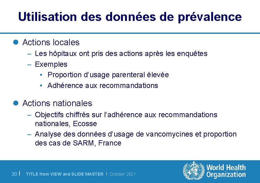 Utilisation des données de prévalence l Actions locales – Les hôpitaux ont pris des