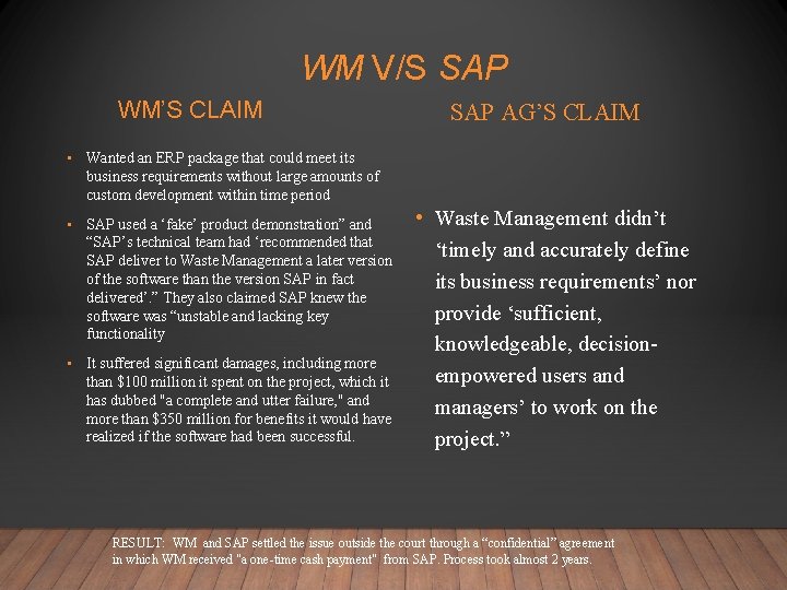 WM V/S SAP WM’S CLAIM SAP AG’S CLAIM • Wanted an ERP package that